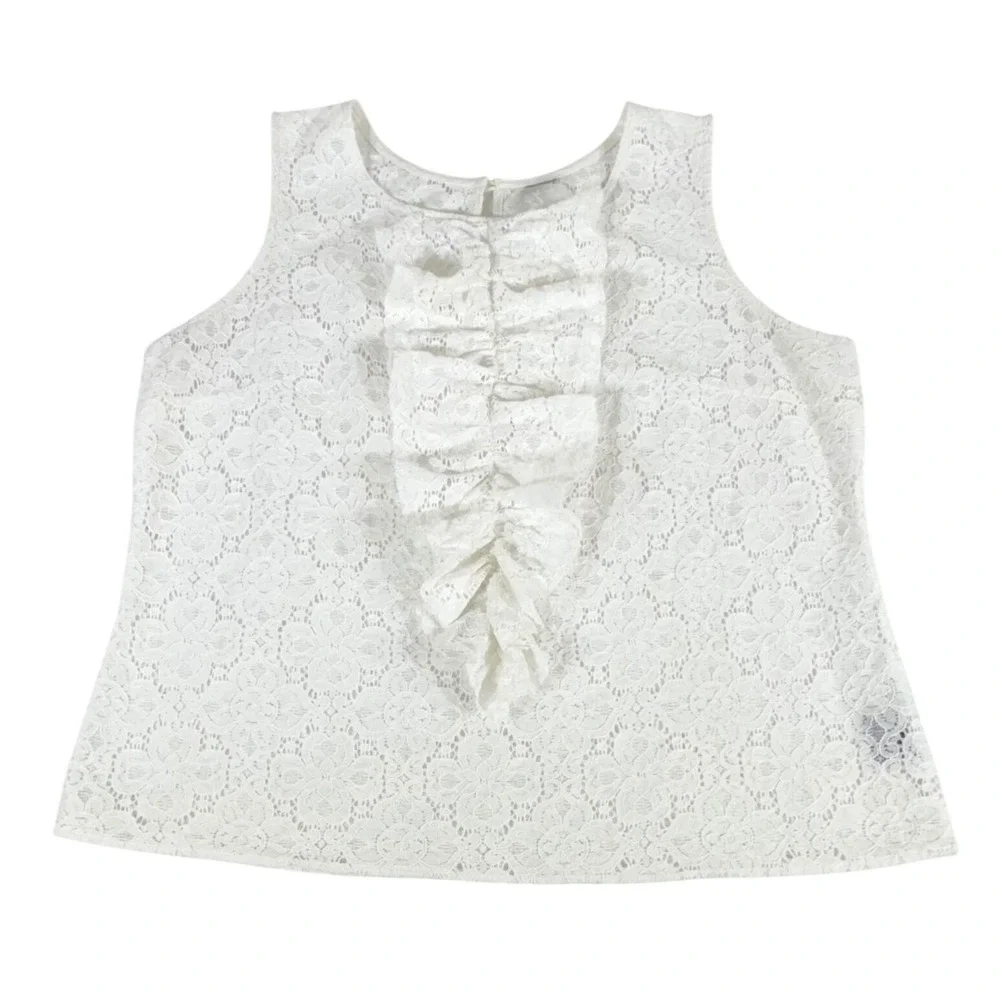 JC Penney Ivory Floral Lace Ruffle Front‎ Sleeveless Blouse Top Ruffled Keyhole